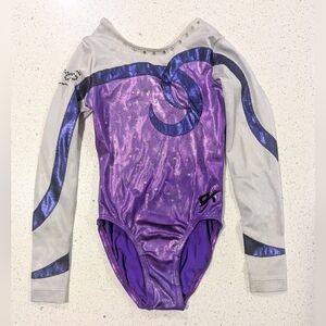 COMPETITION GK ELITE Child Medium Gymnastics Leotard Purple White RHINESTONES